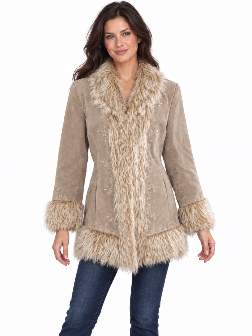 Mixit Women’s Medium Suede Leather Coat Beige Faux Fur Trim Embroidered Boho